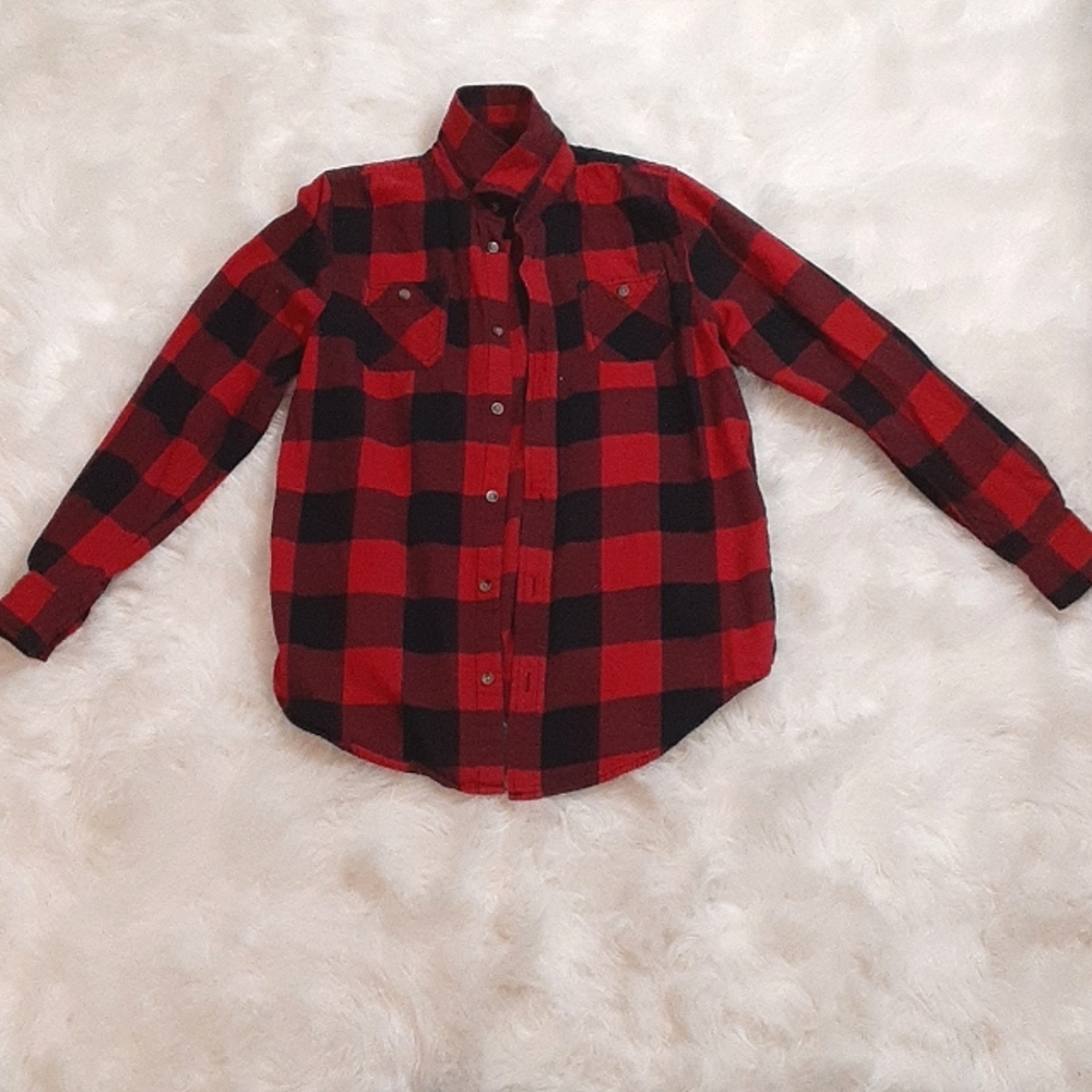 Red and black plaid button down shirt